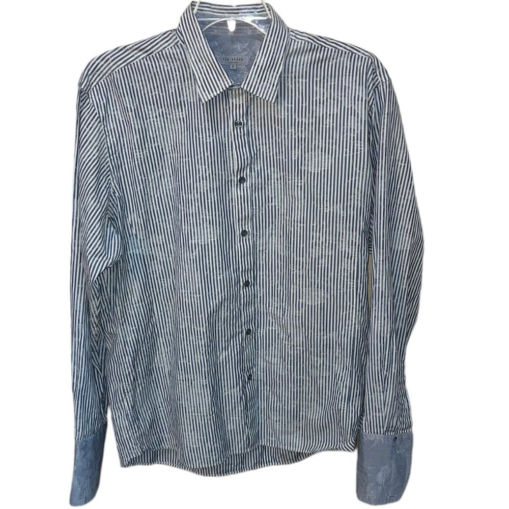 Men's Ted Baker London Grey/White Stripe Button Down‎ Dress Shirt Size 6 (2XL)